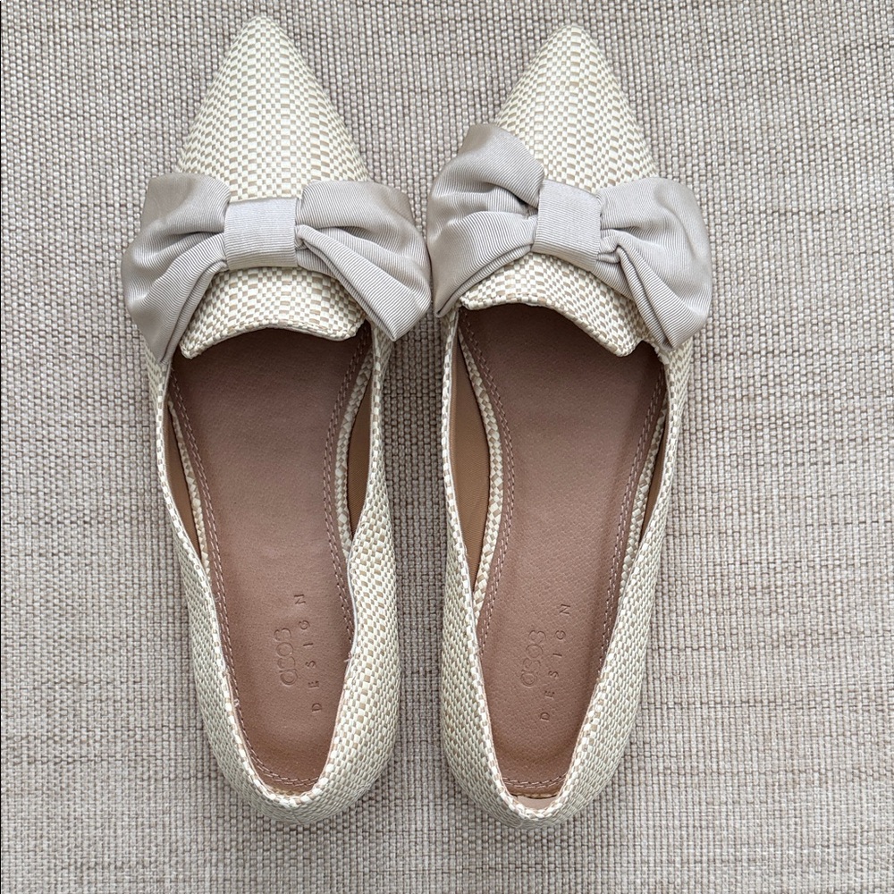 ASOS Design Lake bow pointed ballet flats woven raffia texture decorative bow - Picture 6 of 14